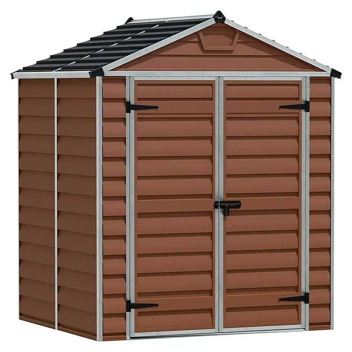 Palram – Canopia Caseta de jardín Skylight - Medidas ext. (An x Pr): 185 x 154 cm, Plástico, Ámbar - Un cobertizo de herramientas marrón con puertas dobles y adornos plateados. El techo es negro y gris.