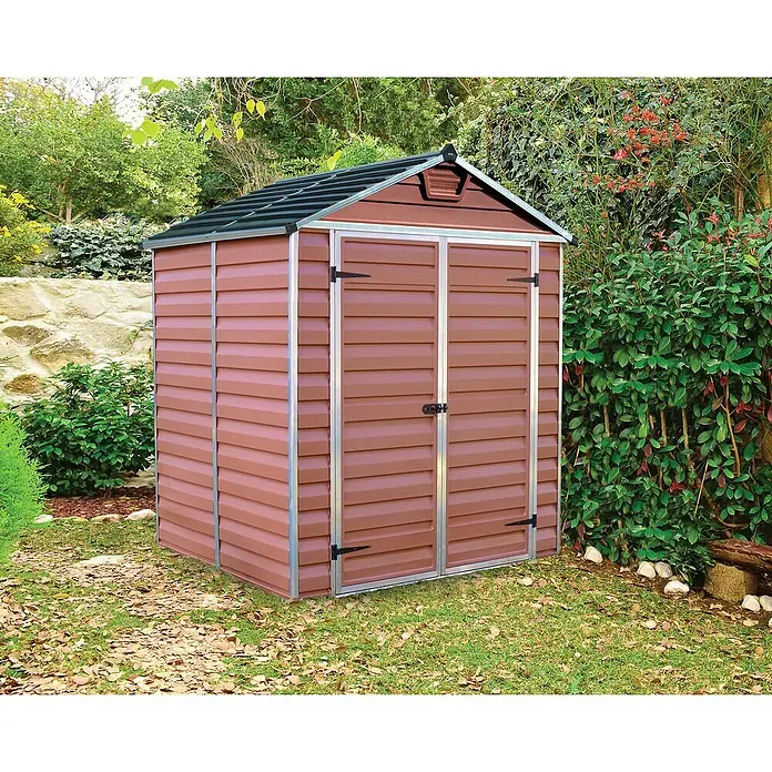 Palram – Canopia Caseta de jardín Skylight - Medidas ext. (An x Pr): 185 x 154 cm, Plástico, Ámbar - Caseta de jardín de plástico marrón y plata con puertas dobles, ideal para guardar equipos y herramientas de jardín al aire libre.