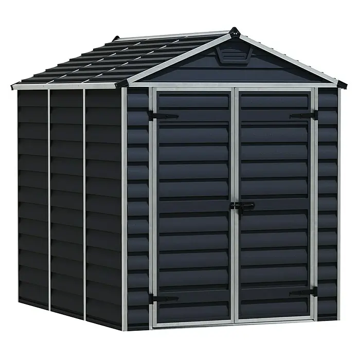 Palram – Canopia Caseta de jardín Skylight - Medidas ext. (An x Pr): 185 x 229 cm, Plástico, Antracita - Una vista aislada de una caseta de jardín negra con puertas dobles y un techo inclinado, ideal para soluciones de almacenamiento de jardín.
