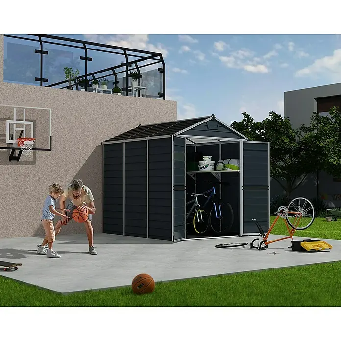 Palram – Canopia Caseta de jardín Skylight - Medidas ext. (An x Pr): 185 x 229 cm, Plástico, Antracita - El cobertizo espacioso ofrece un amplio almacenamiento para bicicletas, herramientas de jardín y más. Ideal para la organización al aire libre.