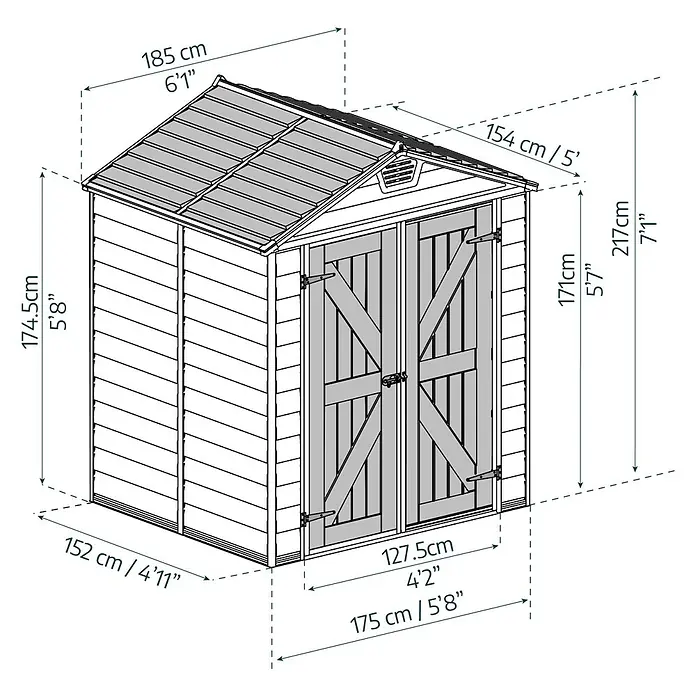 Palram – Canopia Caseta de jardín Skylight - Medidas ext. (An x Pr): 185 x 154 cm, Plástico, Antracita/gris - Ilustración de un cobertizo de jardín con indicaciones de tamaño en centímetros y pies, mostrando las dimensiones del producto.