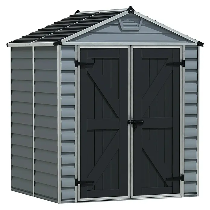 Palram – Canopia Caseta de jardín Skylight - Medidas ext. (An x Pr): 185 x 154 cm, Plástico, Antracita/gris - Un cobertizo gris con puertas negras y un techo gris se presenta sobre un fondo negro.
