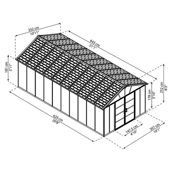 Palram – Canopia Caseta de jardín Yukon - Medidas ext. (An x Pr): 332 x 643 cm, Plástico, Antracita/Plata, Sin suelo - Diagrama de invernadero que detalla las medidas de longitud, anchura y altura en centímetros y pulgadas.