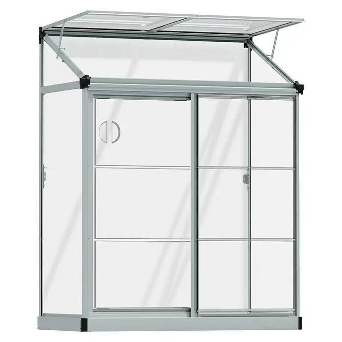 Palram – Canopia Invernadero Lean To - Medidas ext. (An x Pr): 125 x 63,5 cm, Material de la pared lateral: Plástico, 0,7 mm, Plateado - El invernadero con puerta corredera y ventana de techo transparente ofrece una protección óptima para plantas y verduras.