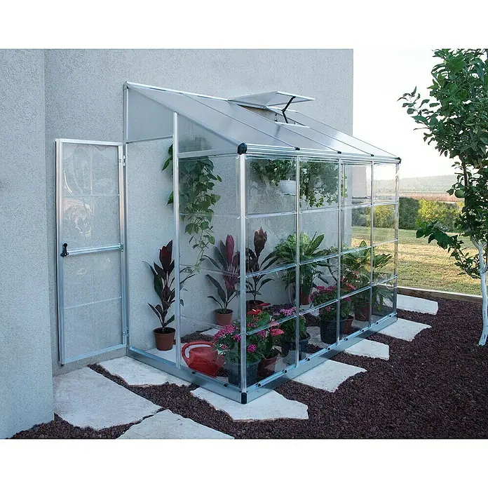 Palram – Canopia Invernadero Lean To - Medidas ext. (An x Pr): 123,8 x 243,8 cm, Material de la pared lateral: Plástico, 0,7 mm, Plateado - Primer plano de un invernadero con puerta abierta, que alberga varias plantas en macetas, situado sobre losas de piedra en un jardín.