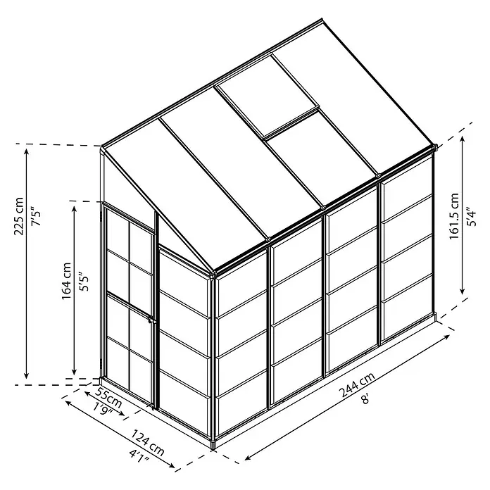 Palram – Canopia Invernadero Lean To - Medidas ext. (An x Pr): 123,8 x 243,8 cm, Material de la pared lateral: Plástico, 0,7 mm, Plateado - Vista en perspectiva de un invernadero con las dimensiones de altura, anchura y profundidad indicadas en centímetros y pies.