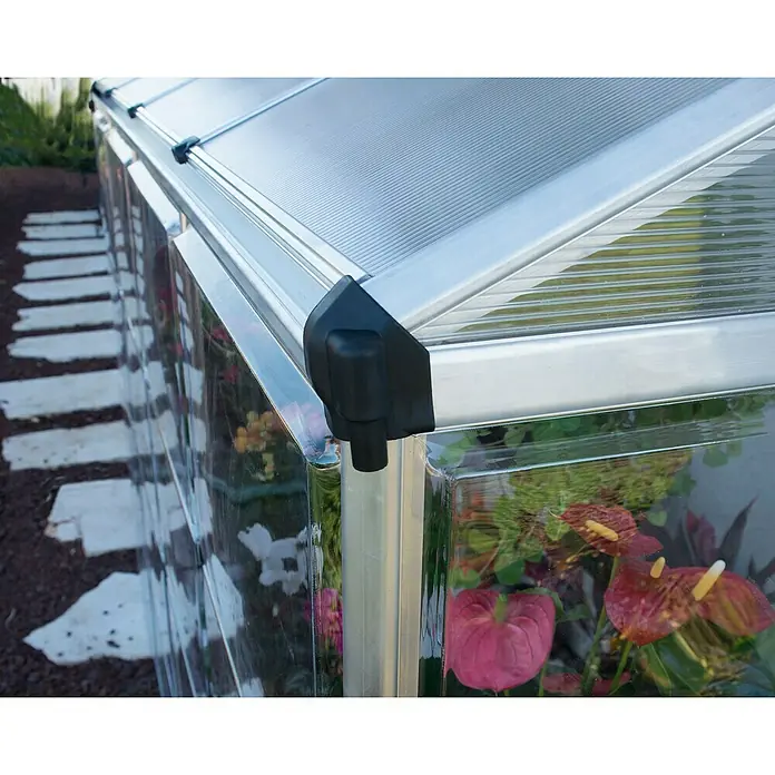 Palram – Canopia Invernadero Lean To - Medidas ext. (An x Pr): 123,8 x 243,8 cm, Material de la pared lateral: Plástico, 0,7 mm, Plateado - Primer plano de un invernadero con plantas en su interior, destacando su durabilidad y bajo mantenimiento.