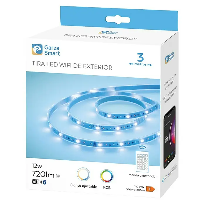 Garza Smart Home Tira LED inteligente - Largo: 3 m, RGB, 12 W, 720 lm - Embalaje de una tira de luz LED exterior Garza Smart de 3 metros con WiFi y función RGB.