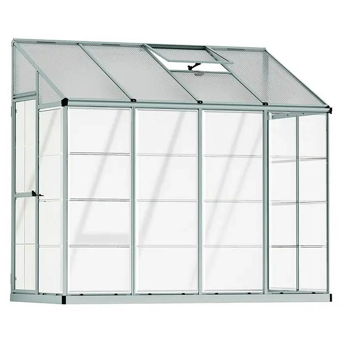 Palram – Canopia Invernadero Lean To - Medidas ext. (An x Pr): 123,8 x 243,8 cm, Material de la pared lateral: Plástico, 0,7 mm, Plateado - La imagen muestra un invernadero detallado con paredes transparentes y una ventana de techo abatible, ideal para jardineros.