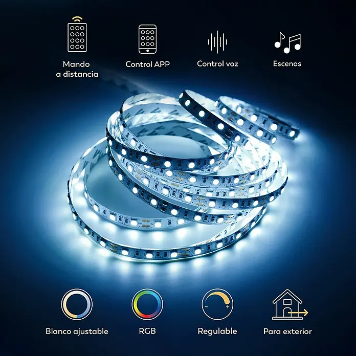 Garza Smart Home Tira LED inteligente - Largo: 3 m, RGB, 12 W, 720 lm - Imagen del producto de una tira de luz LED flexible con blanco ajustable, opciones de color RGB, función de atenuación y apta para uso exterior.