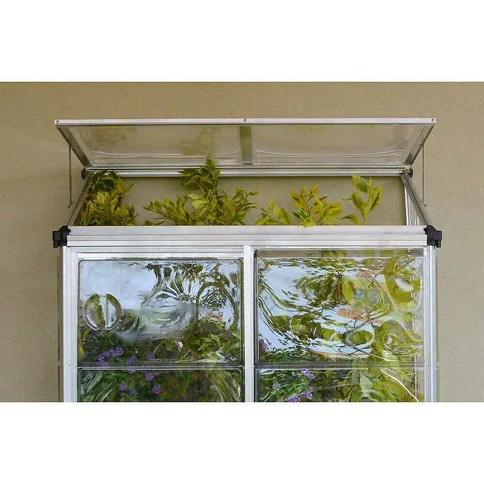 Palram – Canopia Invernadero Lean To - Medidas ext. (An x Pr): 125 x 63,5 cm, Material de la pared lateral: Plástico, 0,7 mm, Plateado - Primer plano de un invernadero de interior con plantas y una tapa transparente con bisagras, ideal para jardinería en espacios pequeños.