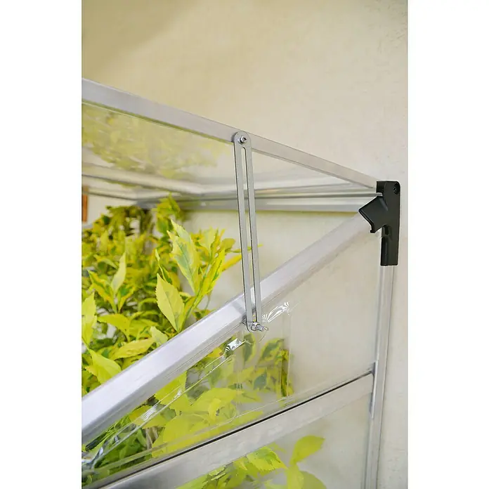 Palram – Canopia Invernadero Lean To - Medidas ext. (An x Pr): 125 x 63,5 cm, Material de la pared lateral: Plástico, 0,7 mm, Plateado - Vista detallada de un invernadero con plantas dentro, destacando la construcción y los materiales del producto.