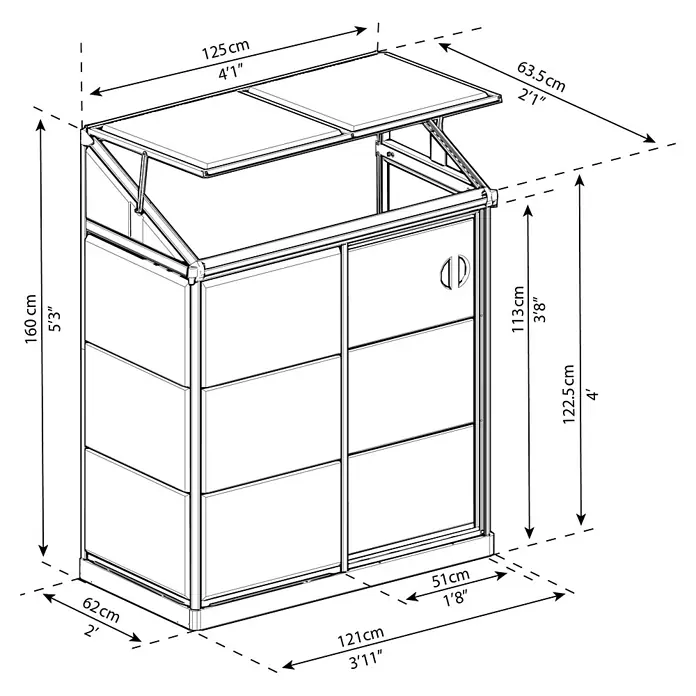 Palram – Canopia Invernadero Lean To - Medidas ext. (An x Pr): 125 x 63,5 cm, Material de la pared lateral: Plástico, 0,7 mm, Plateado - Un dibujo esquemático de una caseta de jardín con etiquetas de dimensiones para la altura, la anchura y la profundidad en centímetros y pies.