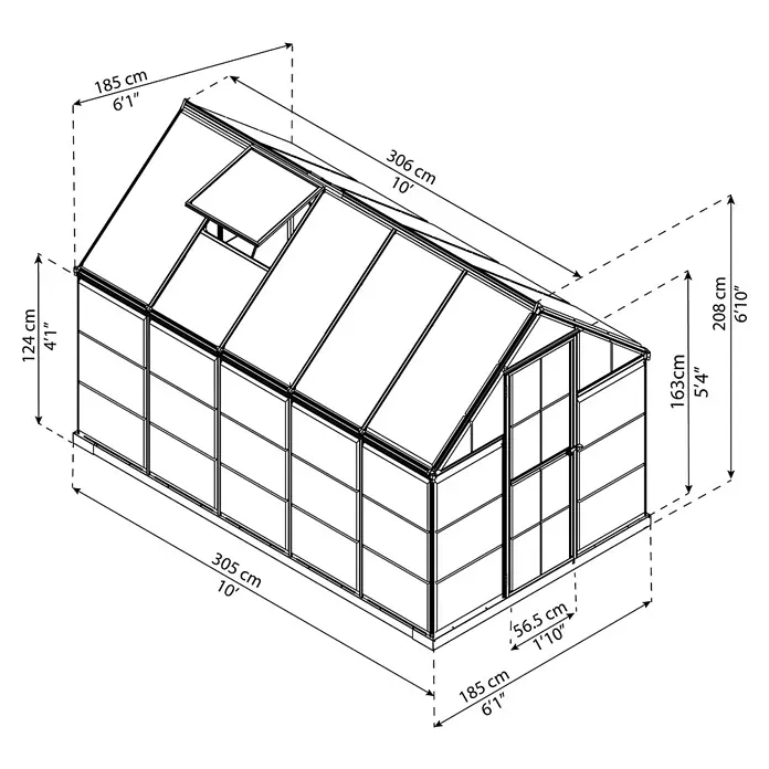 Palram – Canopia Invernadero Hybrid - Medidas ext. (An x Pr): 185 x 306 cm, 0,7 mm, Verde - Dimensiones del invernadero con medidas de altura, anchura y longitud en centímetros y pies.