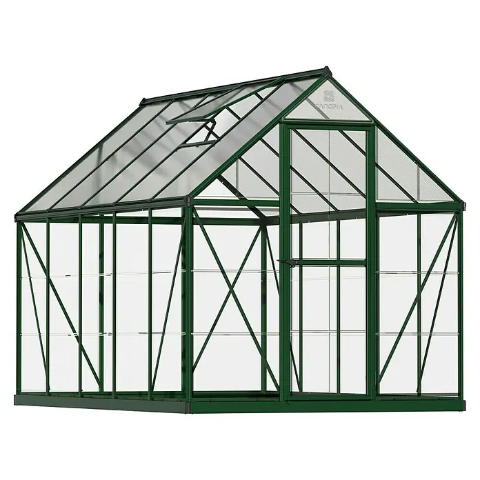 Palram – Canopia Invernadero Hybrid - Medidas ext. (An x Pr): 185 x 306 cm, 0,7 mm, Verde - Esta imagen muestra un invernadero con marco verde y paneles transparentes, diseñado para usos hortícolas y jardinería.