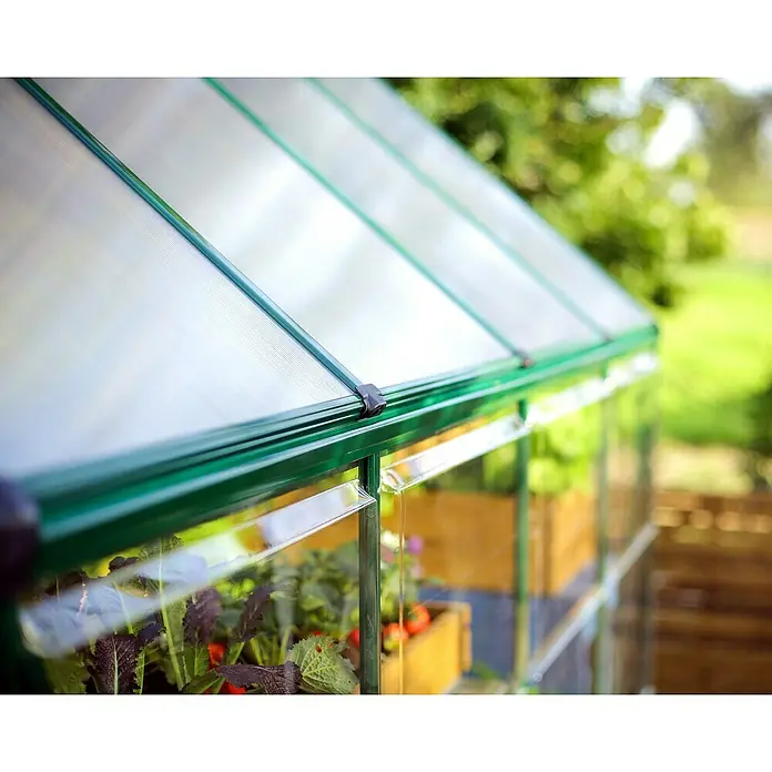 Palram – Canopia Invernadero Hybrid - Medidas ext. (An x Pr): 185 x 306 cm, 0,7 mm, Verde - Primer plano de un invernadero verde con plantas que crecen dentro de cajas de madera. El invernadero ofrece refugio y promueve el crecimiento.