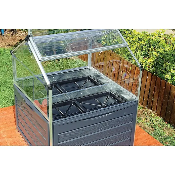 Palram – Canopia Invernadero Plant Inn - Medidas ext. (An x Pr): 118 x 118 cm, Material de la pared lateral: Plástico, 0,7 mm, Antracita - Primer plano de un mini invernadero transparente con estructura de aluminio, situado sobre una tarima de madera y rodeado de vegetación.