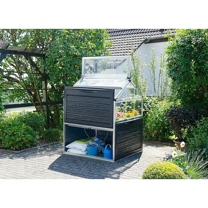 Palram – Canopia Invernadero Plant Inn - Medidas ext. (An x Pr): 118 x 118 cm, Material de la pared lateral: Plástico, 0,7 mm, Antracita - Invernadero compacto de dos niveles con tapa transparente, ideal para jardines pequeños o balcones.
