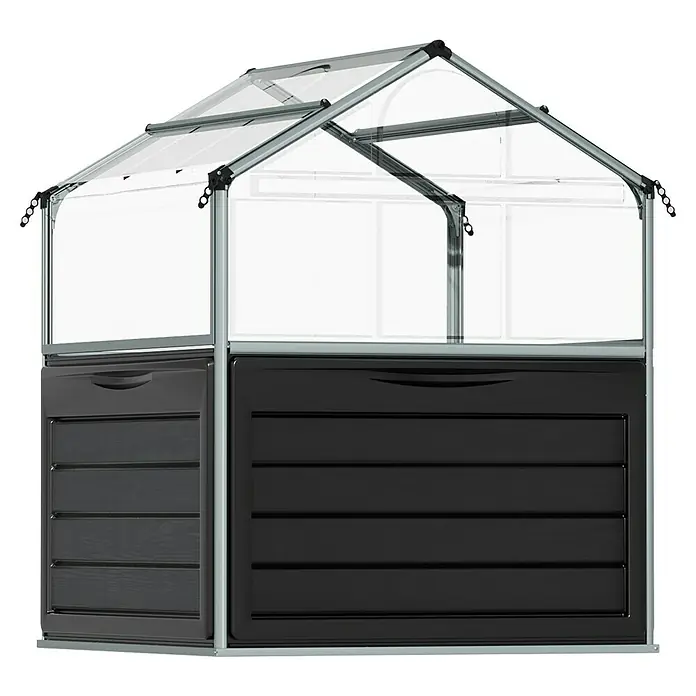 Palram – Canopia Invernadero Plant Inn - Medidas ext. (An x Pr): 118 x 118 cm, Material de la pared lateral: Plástico, 0,7 mm, Antracita - Imagen de un invernadero negro con techo transparente. Perfecto para un jardín pequeño o balcón.