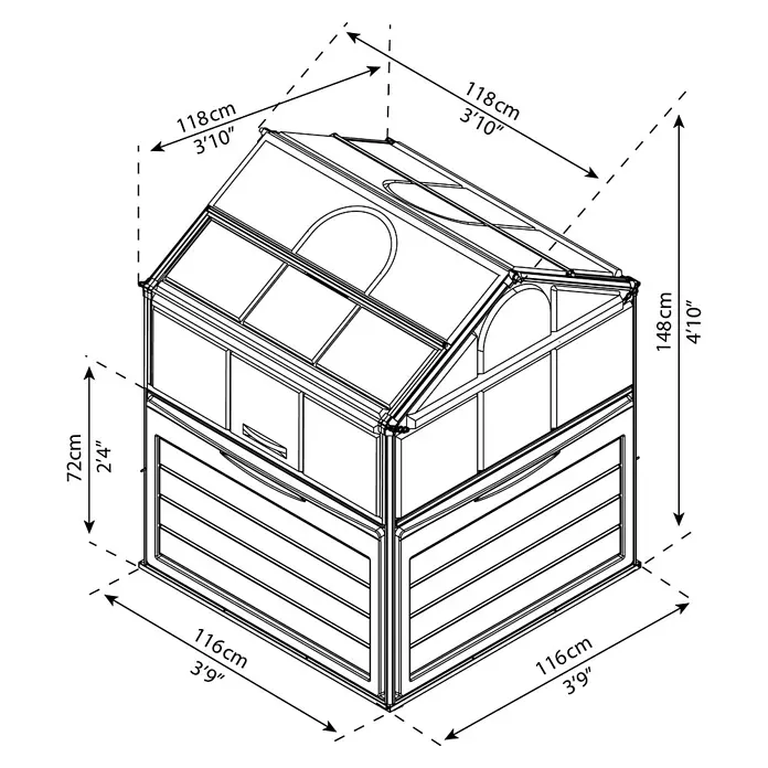 Palram – Canopia Invernadero Plant Inn - Medidas ext. (An x Pr): 118 x 118 cm, Material de la pared lateral: Plástico, 0,7 mm, Antracita - Ilustración de un cobertizo de jardín con dimensiones de altura, anchura y profundidad en centímetros y pies.