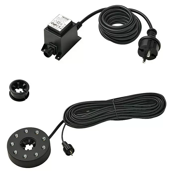 Pontec Teichbeleuchtung - Leistung: 1 W - Kit mit schwarzem Netzteil, Stecker, Kabel und LED-Lichtring mit Kabel und Anschlussstück.