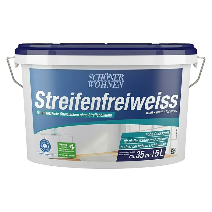 SCHÖNER WOHNEN-Farbe Wandfarbe Streifenfreiweiß - Weiß, Matt, 5 l, Konservierungsmittelfrei - Eimer Streifenfreiweiss Farbe von Schöner Wohnen, weiß matt für Innenanwendungen, hohe Deckkraft für glatte Wände, 5 Liter, ideal für Allergiker.