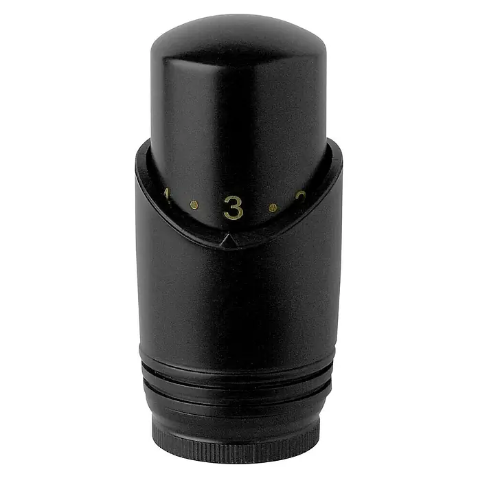 Sanicomfort Thermostatkopf Sani Comfort - Tiefschwarz 9005, M 30 - Nahaufnahme eines schwarzen Thermostatventils mit gelben Ziffern zur Temperaturregelung im Haus.