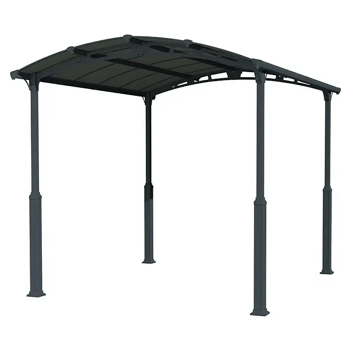 Palram – Canopia Carport Alpine - Medidas ext. (An x Pr): 3,59 x 4,35 m, Carport individual, Antracita - Una cubierta de patio gris con un techo curvo y unos postes robustos, sobre un fondo negro.