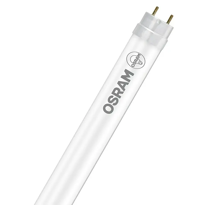 Osram LED Leuchtstoffröhre T8 EM UOLänge: 151,4 cm, Warmweiß, 29 W, 3.150 lm, G13 - Nahaufnahme einer OSRAM Leuchtstoffröhre mit zwei Stiften an einem Ende und dem OSRAM Logo.