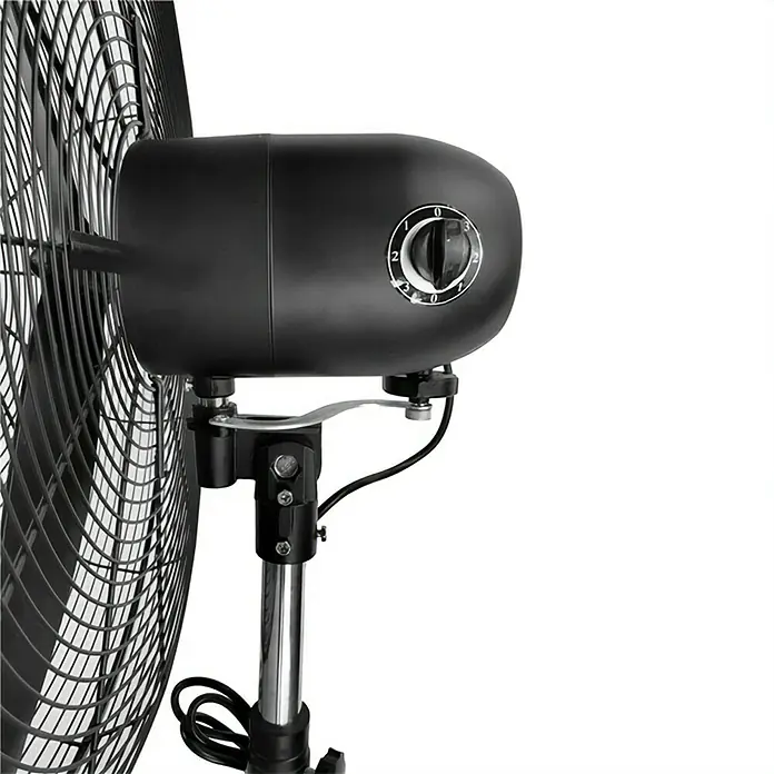 Fulmo Ventilador de pie Garbí - Negro, 70 cm, 180 cm - Imagen de un ventilador negro que muestra los ajustes de velocidad. Es un ventilador de pie, con un cabezal ajustable y una base metálica resistente.