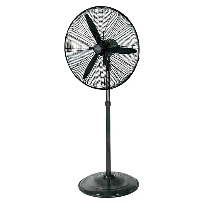 Fulmo Ventilador de pie Garbí - Negro, 70 cm, 180 cm - Un ventilador de pie negro con una rejilla redonda y tres aspas, sobre una base circular, ajustable en altura.