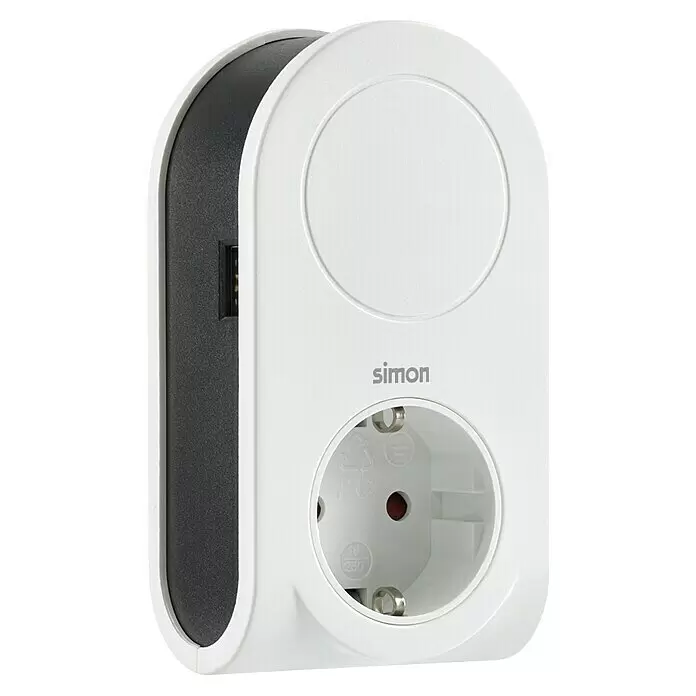 Simon Adaptador USB - Blanco, 3.680 W - Adaptador de corriente blanco y negro con toma europea (Schuko) y puerto de carga USB lateral.