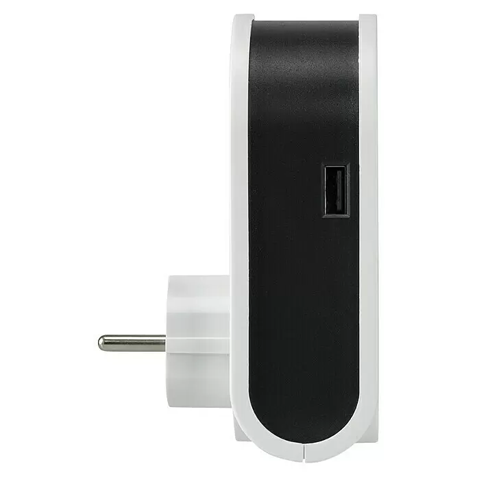Simon Adaptador USB - Blanco, 3.680 W - Adaptador de corriente blanco y negro con enchufe europeo y puerto USB-A lateral.