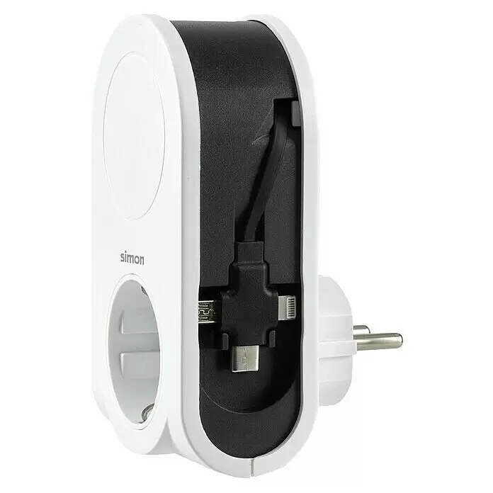 Simon Adaptador USB - Blanco, 3.680 W - Adaptador de pared Simon blanco y negro con enchufe Schuko y cable de carga retráctil (USB-C, Micro-USB, Lightning).