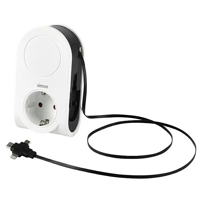 Simon Adaptador USB - Blanco, 3.680 W - Regleta retráctil blanca y negra con enchufe europeo y cable plano integrado con multi-conector (Lightning, Micro-USB, USB-C).