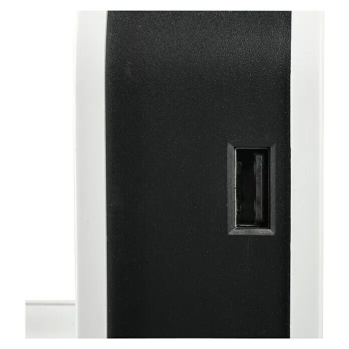 Simon Adaptador USB - Blanco, 3.680 W - Dispositivo negro con puerto USB, enmarcado con bordes blancos.