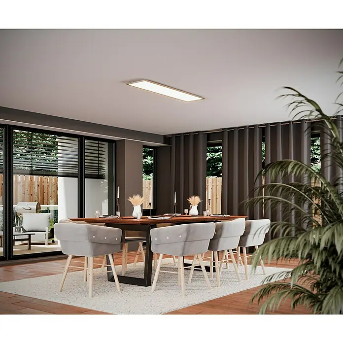 Tween Light LED-Panel RC-CCT-DIM - 36 W, L x B x H: 120 x 30 x 5 cm, Weiß, Mehrfarbig - Ein moderner Essbereich mit einem rechteckigen Esstisch, umgeben von stilvollen, grauen Stühlen und akzentuiert durch eine helle Deckenleuchte.