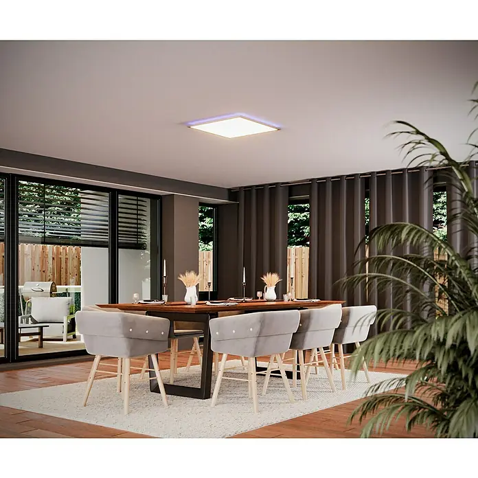 Tween Light LED-Panel RGB-RC-CCT-DIM32,5 W, L x B x H: 59,5 x 59,5 x 5,5 cm, Weiß, RGBW - Elegante quadratische LED-Deckenleuchte mit einem subtilen blauen Lichtschein, ideal für moderne Essbereiche.