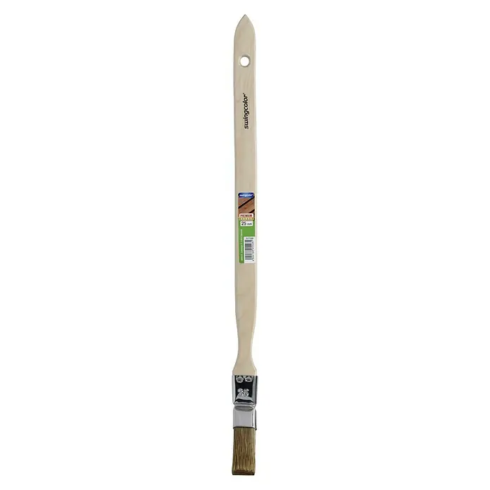 swingcolor Premium Heizkörperpinsel Lasur - Breite Borsten: 25 mm, Hollestermischung, Naturholz - Ein Pinsel von Swingcolor, 25mm breit, mit hellem Holzgriff und silberner Zwinge, ideal für präzise Farbaufträge und Lackierarbeiten.