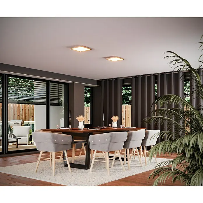 Osram Smart+ LED-Panel Planon Plus - L x B x H: 30 x 30 x 5,6 cm, Weiß, RGBW - Dieses Bild zeigt eine stilvolle Esszimmerszene mit modernen Deckenleuchten, die den Raum elegant beleuchten.