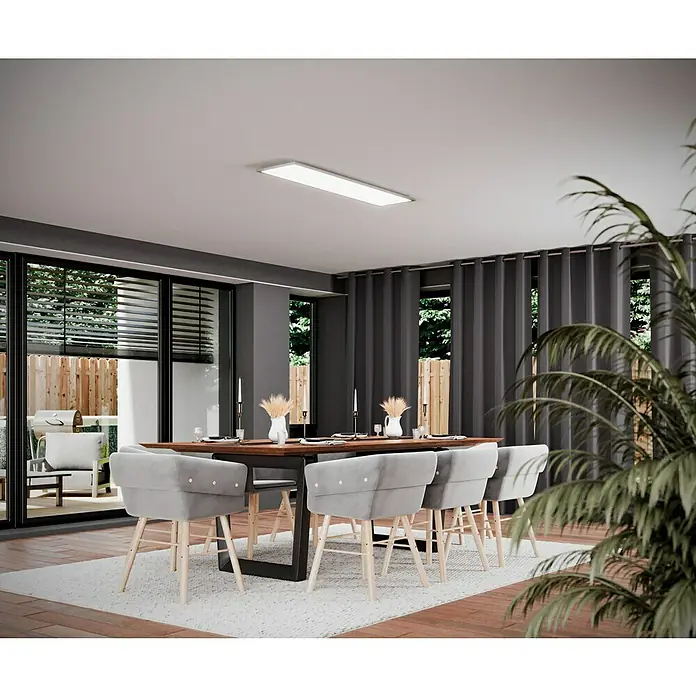 Tween Light LED-Panel RC-CCT-DIM - 36 W, L x B x H: 120 x 30 x 5 cm, Weiß, Mehrfarbig - Esszimmer mit Esstisch und Stühlen unter einer modernen Deckenleuchte für angenehme Beleuchtung.