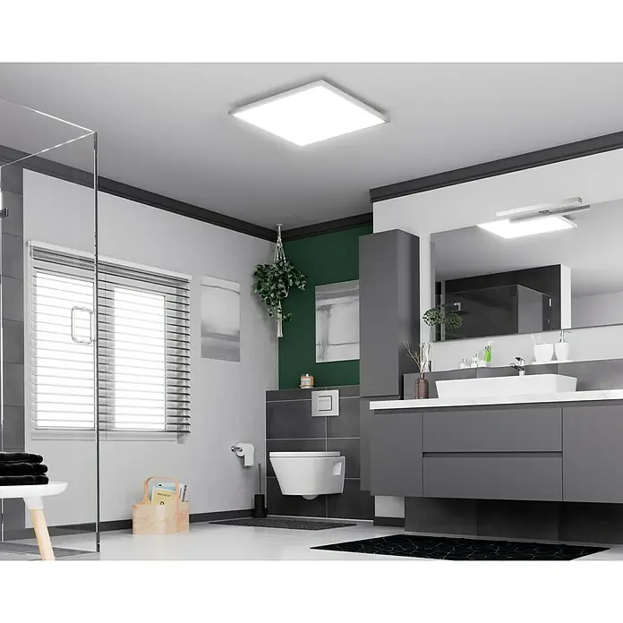 Lavida LED-Panel IP44 - 45 W, L x B x H: 60 x 60 x 6 cm, Weiß, Mehrfarbig - Modernes Badezimmer-Interieur mit einem quadratischen LED-Panel, das für eine helle und gleichmäßige Ausleuchtung sorgt.