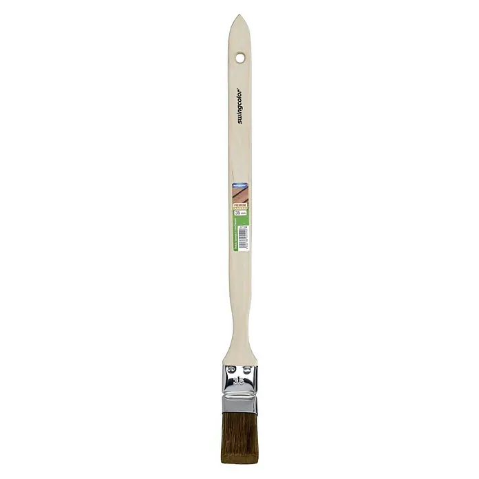 swingcolor Premium Heizkörperpinsel Lasur - Breite Borsten: 35 mm, Hollestermischung, Naturholz - Detailaufnahme eines Swingcolor Premium 35 mm Pinsels mit Holzgriff und silberner Zwinge, ideal für feine Malerarbeiten.