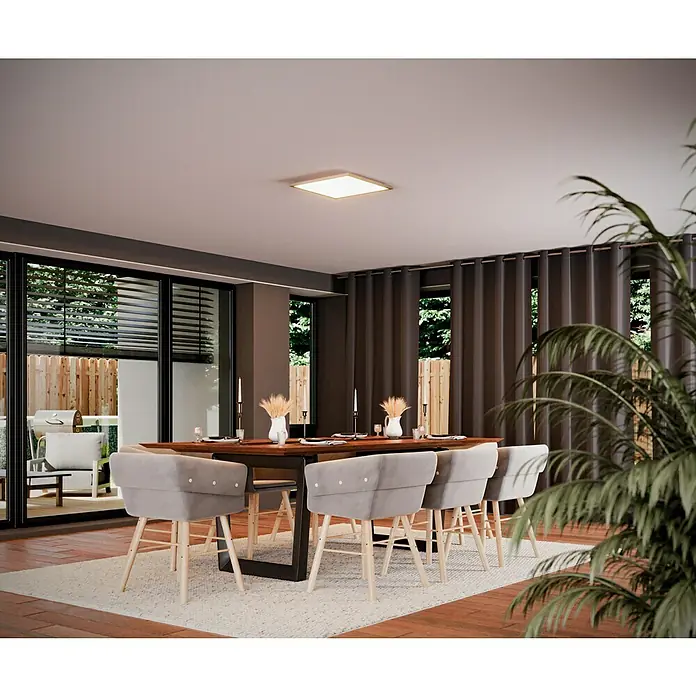 Osram Smart+ LED-Panel Planon Plus - L x B x H: 45 x 45 x 5,6 cm, Weiß, RGBW - Einrichtungsidee für ein Esszimmer mit einem Esstisch mit grau gepolsterten Stühlen und einem modernen Deckenlicht, das den Raum beleuchtet.