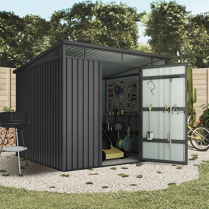 Hoggar Caseta de jardín Allister 5.5 - Medidas ext. (An x Pr): 237 x 226 cm, Antracita, Metal, Área: 5,5 m² - Un cobertizo de herramientas espacioso con puertas abiertas, que alberga herramientas y equipos de jardinería, se encuentra en un jardín.