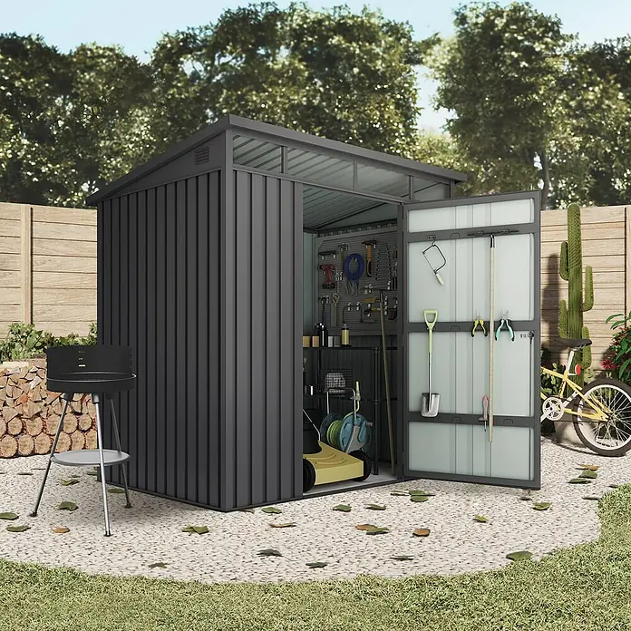 Hoggar Caseta de jardín Allister 3.0 - Medidas ext. (An x Pr): 197 x 146 cm, Antracita, Metal, Área: 3 m² - Cobertizo de metal para jardín con puertas abiertas y almacenamiento de herramientas. Ideal para herramientas y equipos de jardinería.