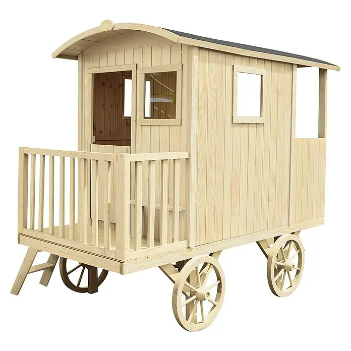 Soulet Spielhaus Carry - L x B x H: 262 x 155 x 203 cm, Holz - Ein detailreiches Bild eines hölzernen Zirkuswagens für Kinder, der auf Rädern steht und über eine kleine Veranda verfügt.