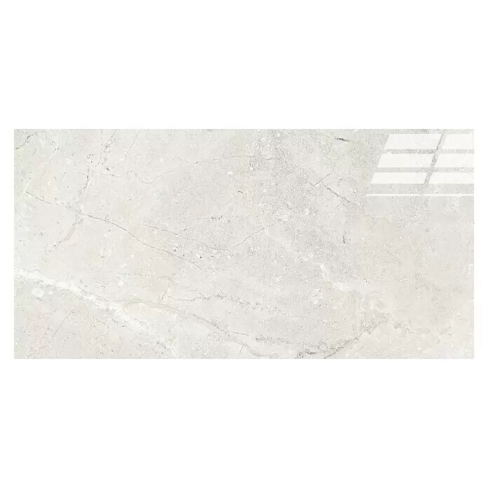 Feinsteinzeugfliese Tibet - 119,8 x 59,8 cm, Weiß/Grau, Glänzend - Helle grau/beige Fliese in Marmoroptik mit polierter Oberfläche und leichter Spiegelung.