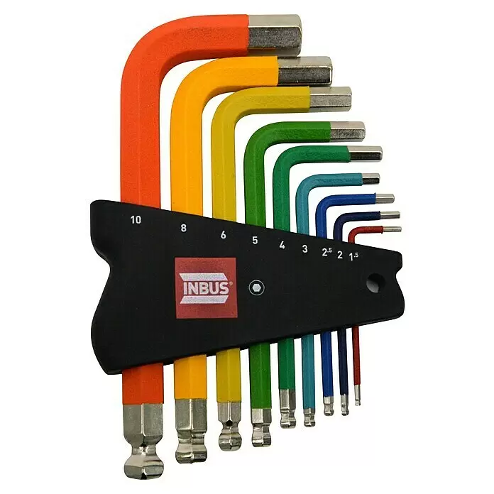 Stiftschlüsselsatz 70273 - 9 -tlg., Schlüsselweite: 1,5 mm - 10 mm - Buntes Innensechskantschlüssel-Set mit Kugelkopf in schwarzem Halter, Größen 1,5 bis 10.