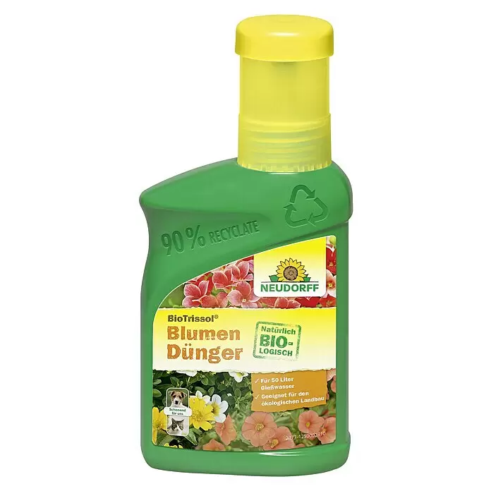 Neudorff BioTrissol Blühpflanzendünger - 250 ml - Grüne Flasche Neudorff BioTrissol Blumendünger mit gelbem Verschluss und Etikett mit Blumen und '90% Recyclate'.